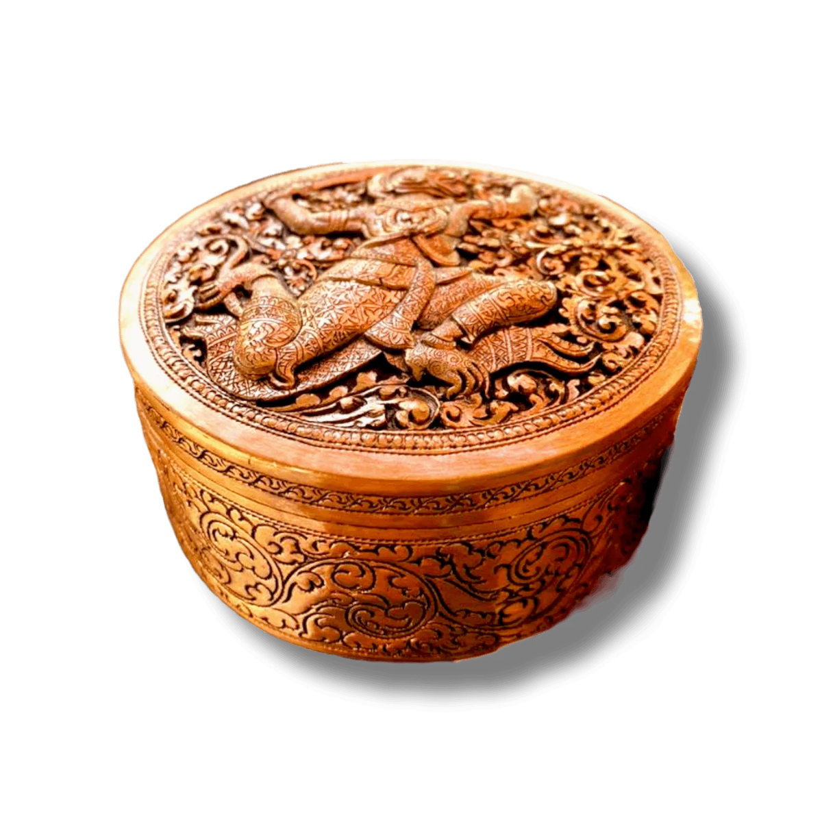 Mini Hand Engraved Solid Brass Niello Round Betel Box - Hanuman