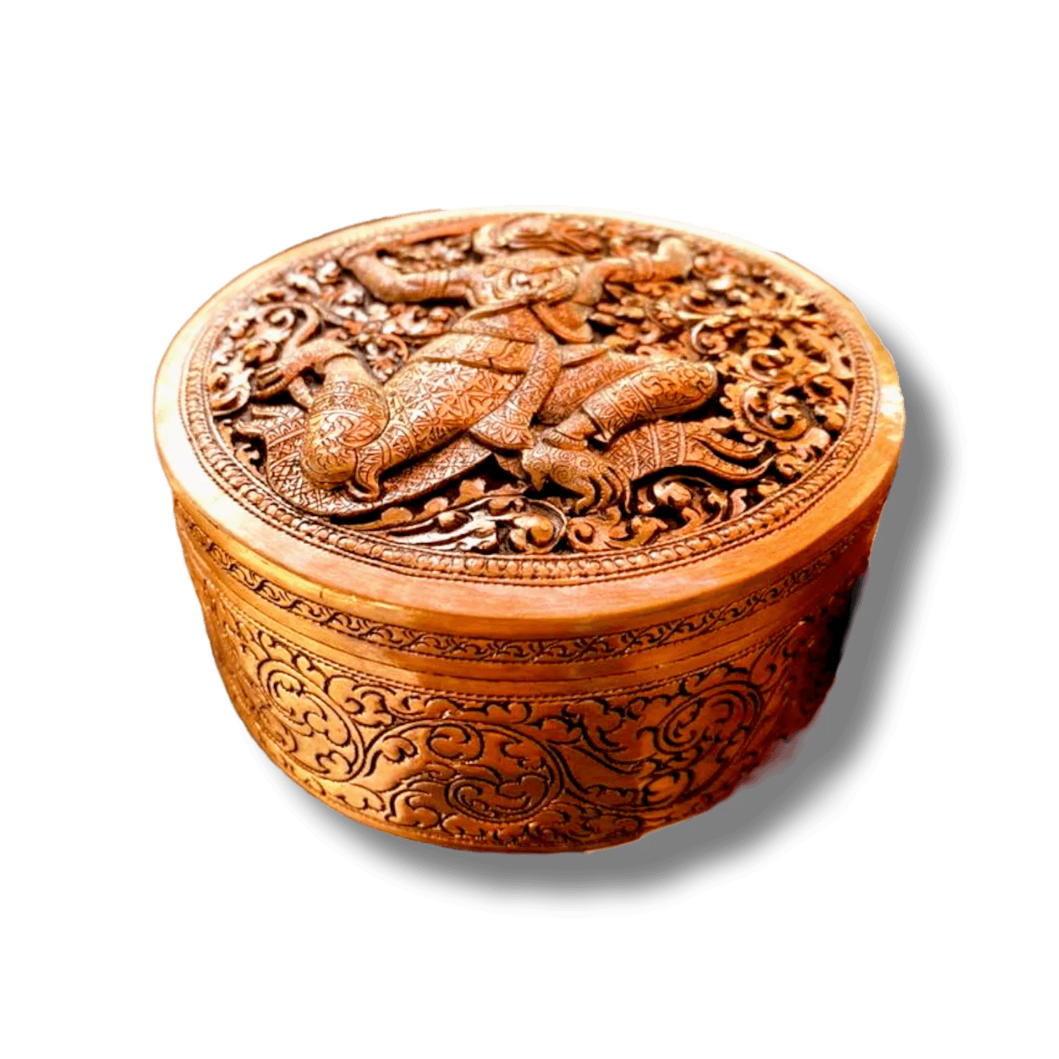 Mini Hand Engraved Solid Brass Niello Round Betel Box - Hanuman