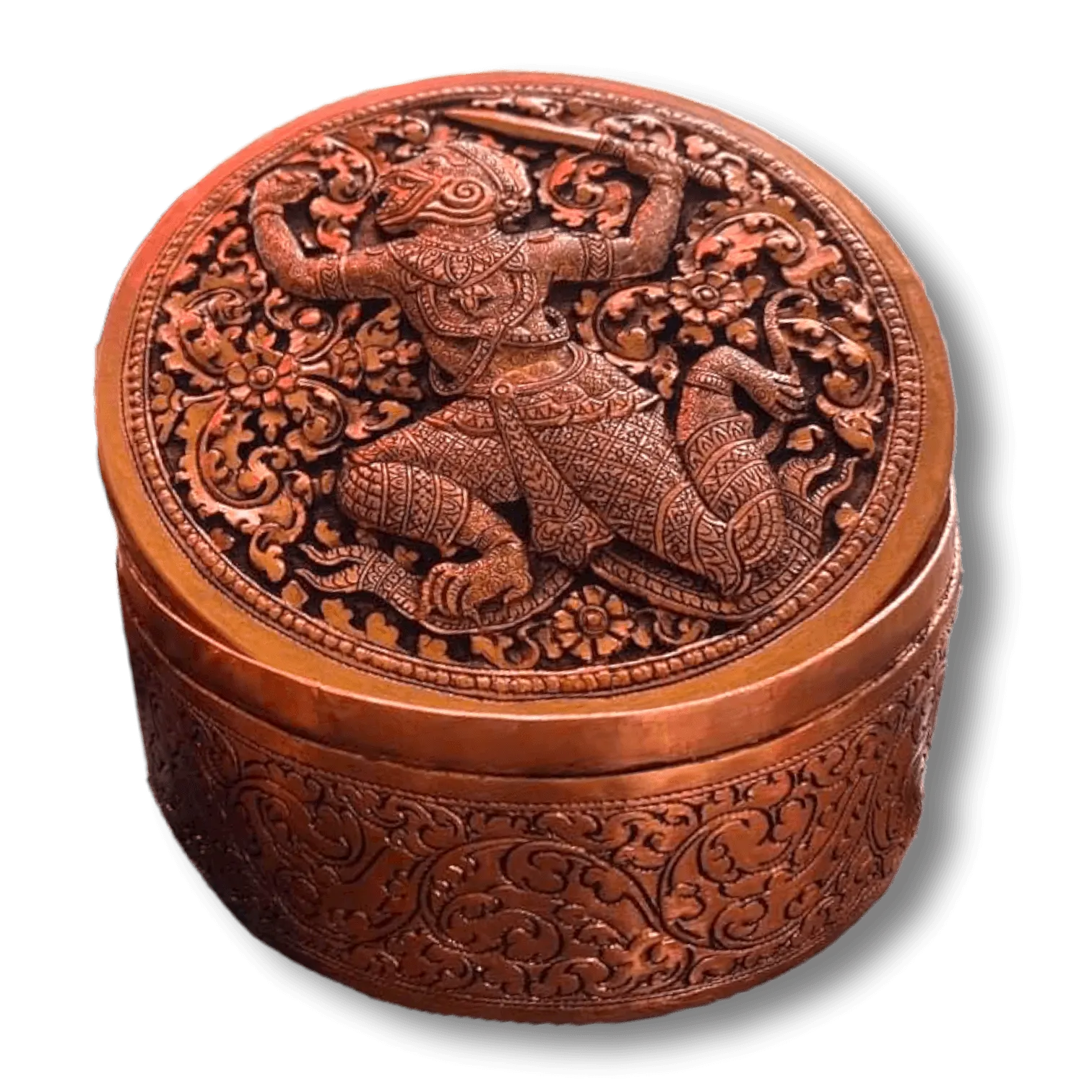 Mini Hand Engraved Solid Brass Niello Round Betel Box - Hanuman