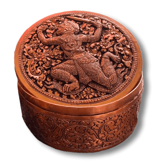 Mini Hand Engraved Solid Brass Niello Round Betel Box - Hanuman 