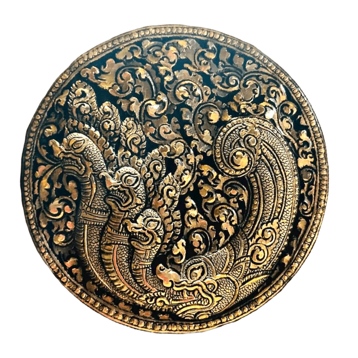 Mini Hand Engraved Solid Brass Niello Round Betel Box - Naga