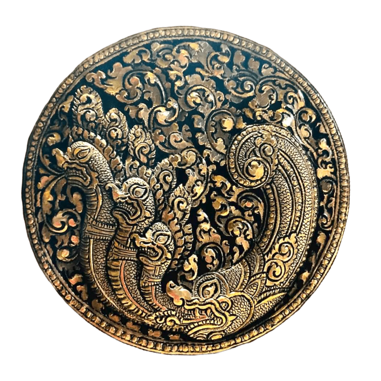 Mini Hand Engraved Solid Brass Niello Round Betel Box - Naga