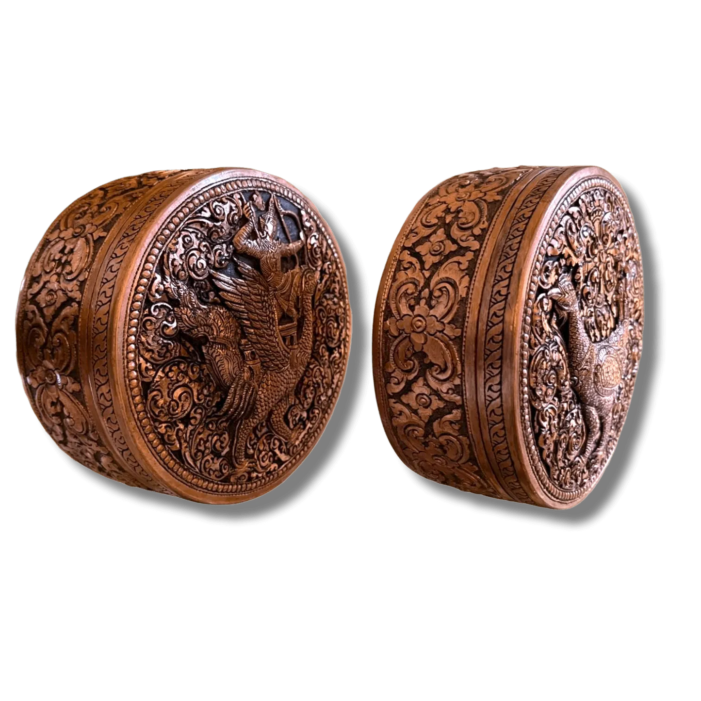 Mini Hand Engraved Solid Brass Niello Round Betel Box - Singha