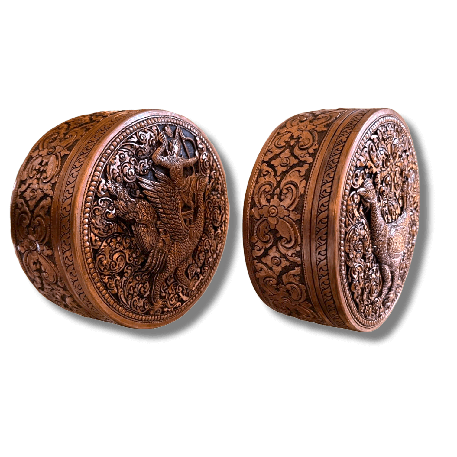 Mini Hand Engraved Solid Brass Niello Round Betel Box - Singha 