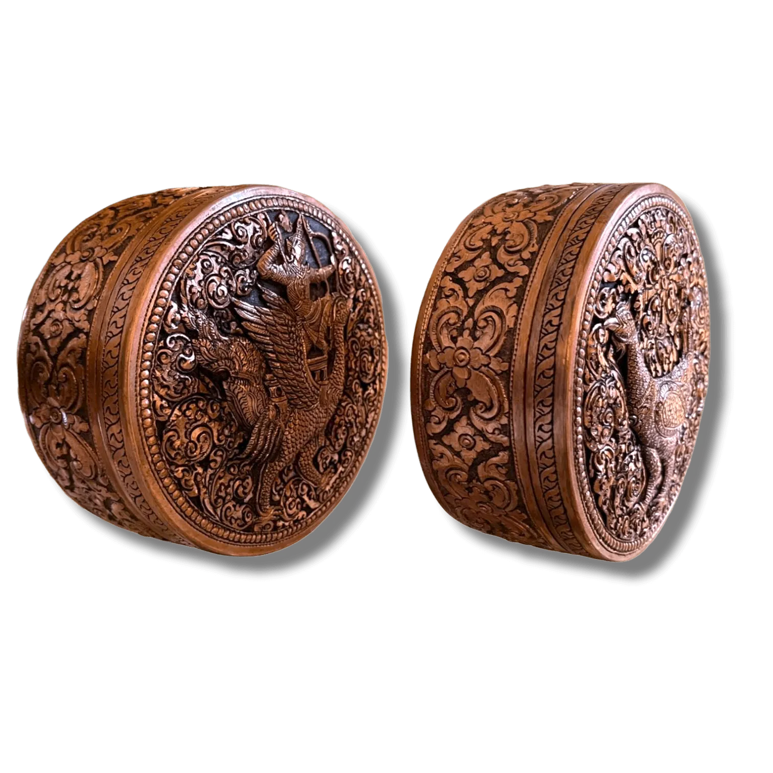 Mini Hand Engraved Solid Brass Niello Round Betel Box - Singha