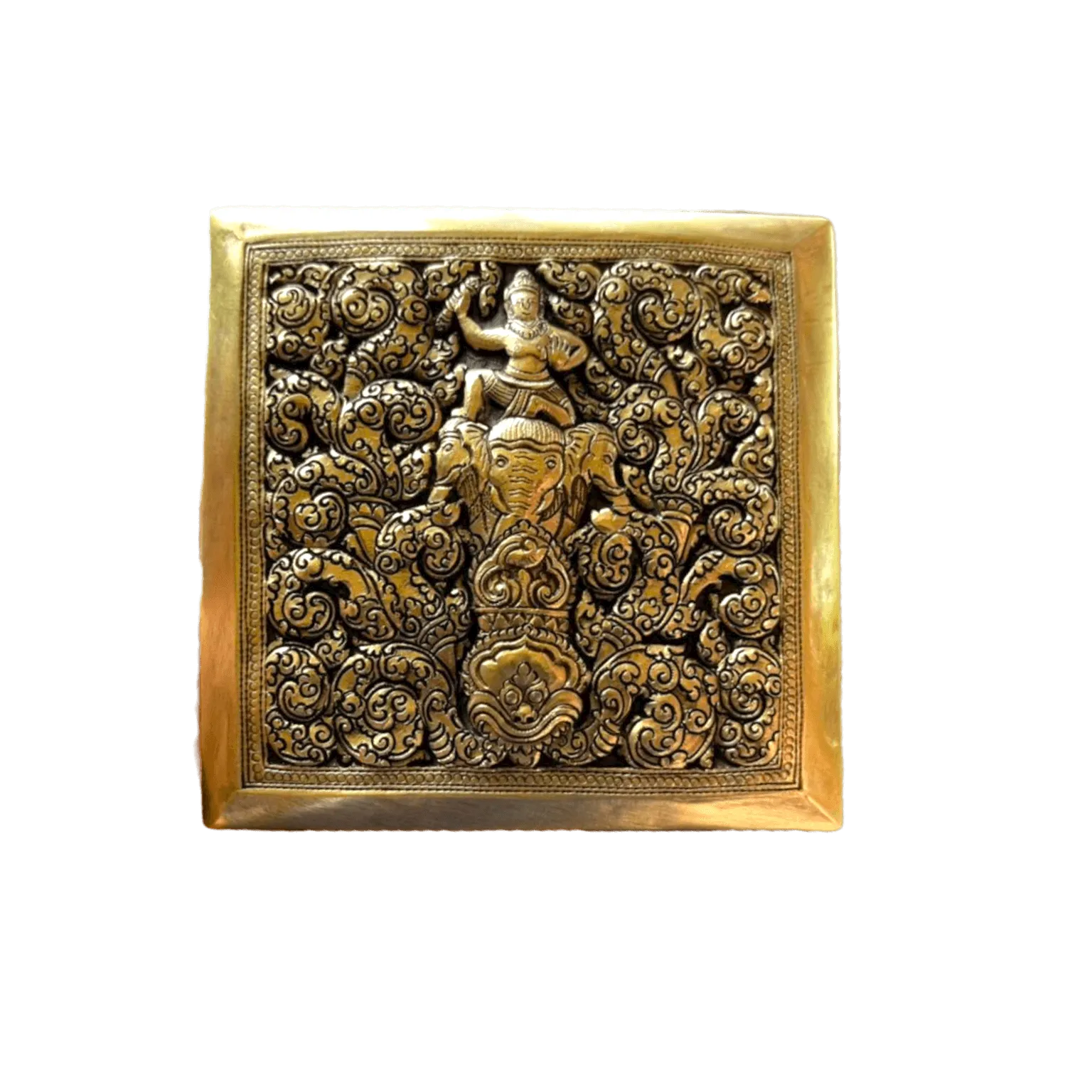 Mini Hand Engraved Solid Brass Niello Square Betel Box - Elephant