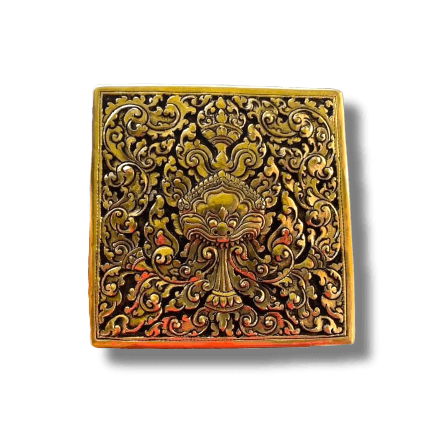 Mini Hand Engraved Solid Brass Niello Square Betel Box - Fire