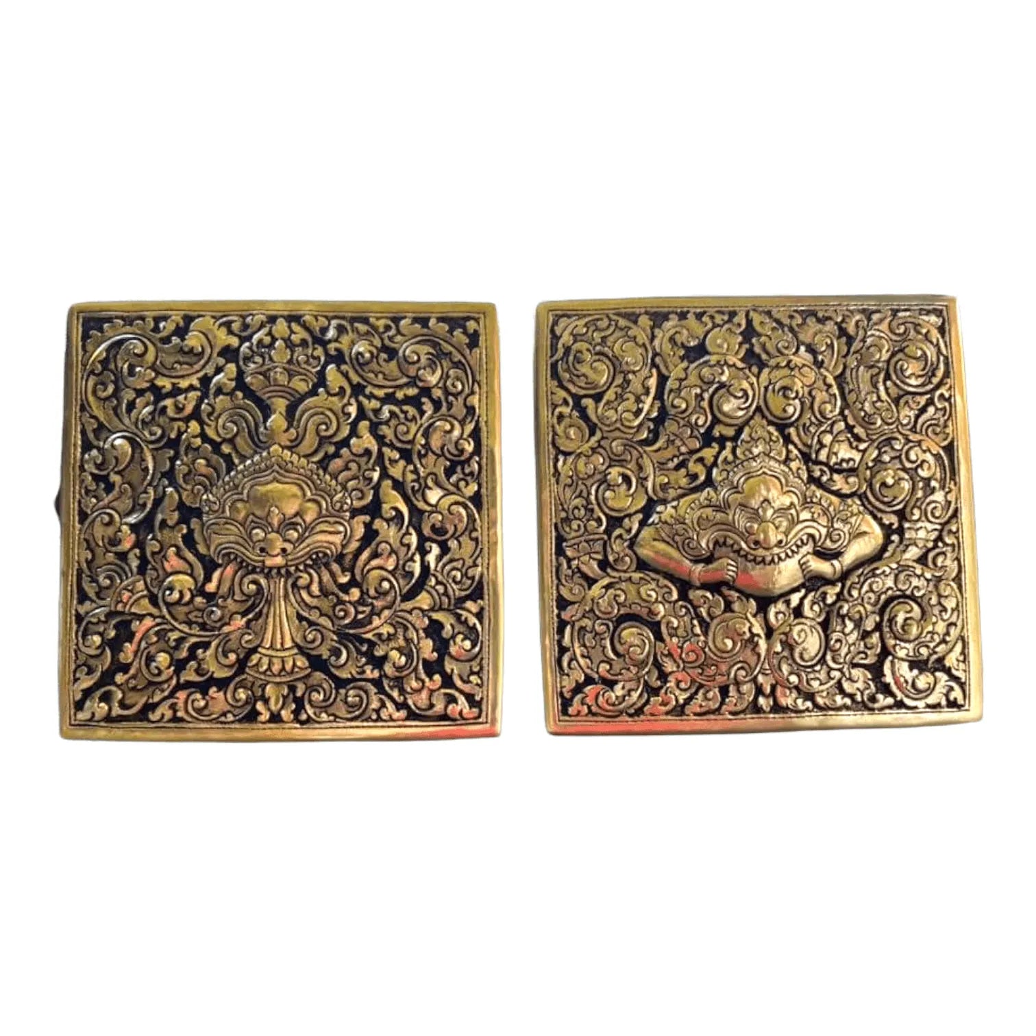 Mini Hand Engraved Solid Brass Niello Square Betel Box - Fire