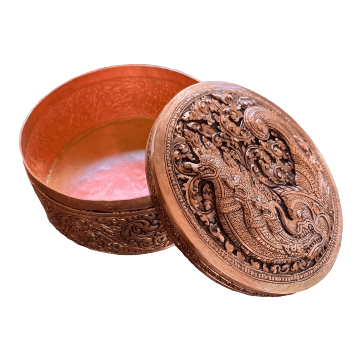 Mini Hand Engraved Solid Brass Niello Round Betel Box - Naga