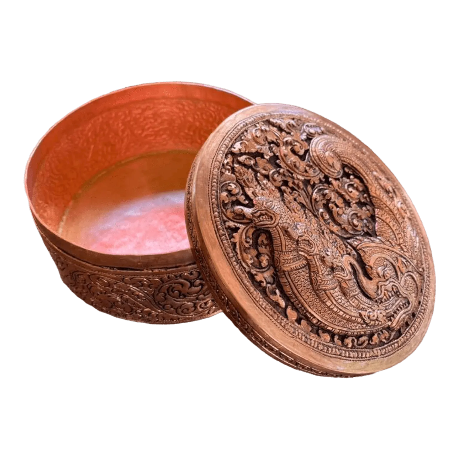 Mini Hand Engraved Solid Brass Niello Round Betel Box - Naga