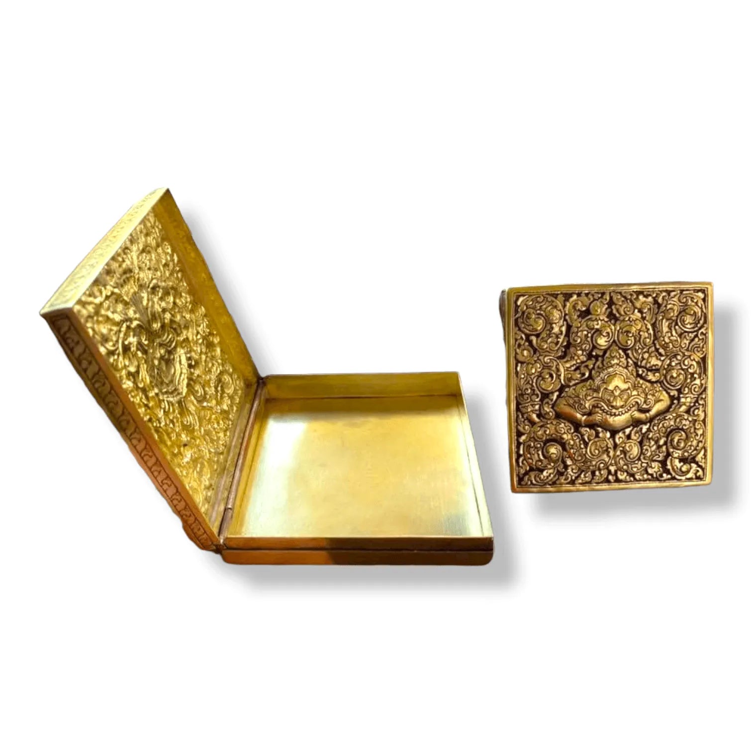 Mini Hand Engraved Solid Brass Niello Square Betel Box - Hanuman