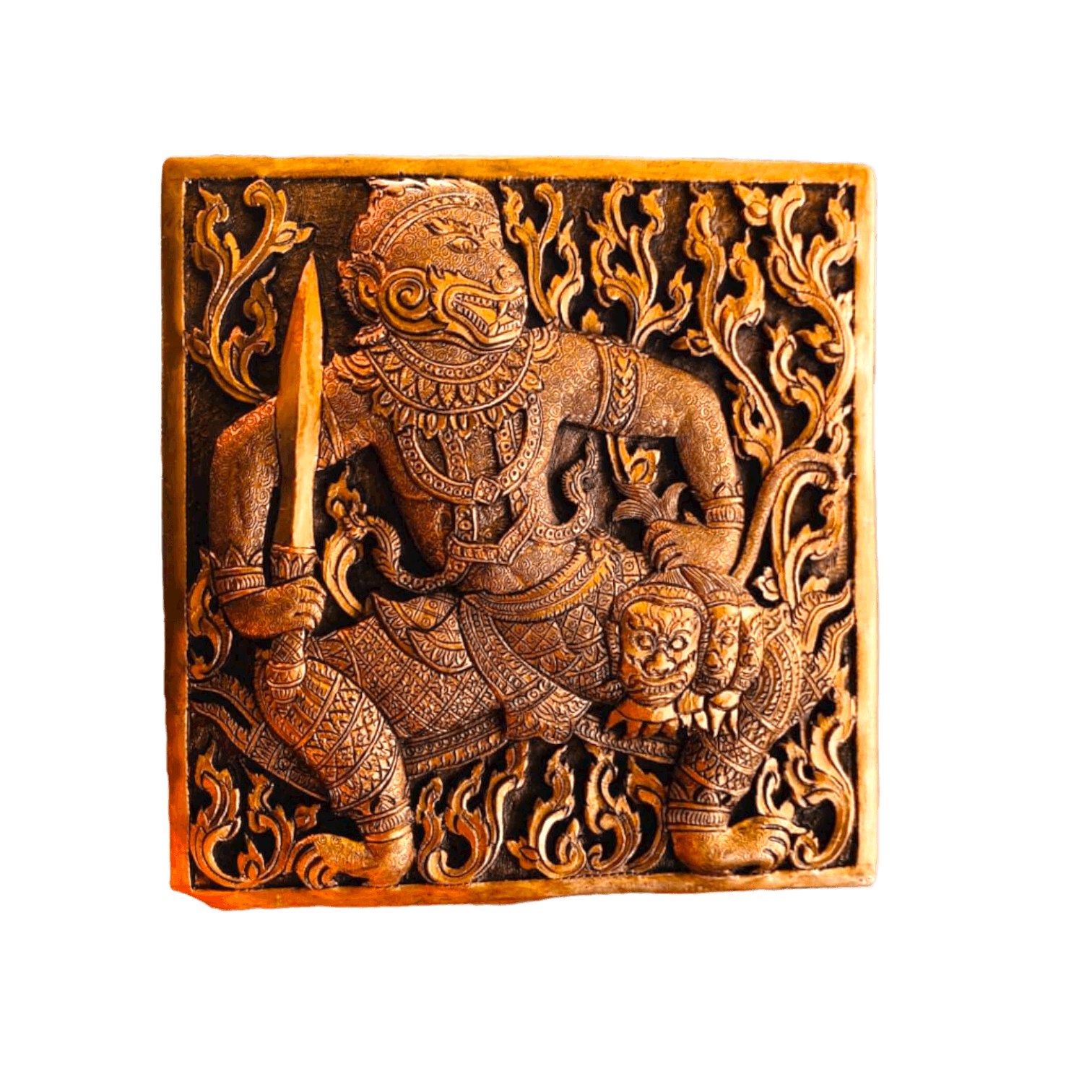 Mini Hand Engraved Solid Brass Niello Square Betel Box - Hanuman 