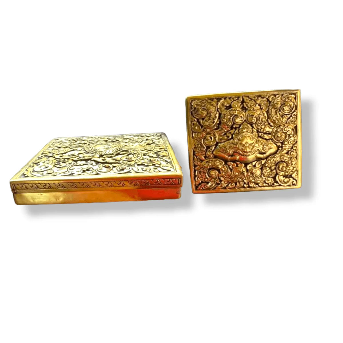 Mini Hand Engraved Solid Brass Niello Square Betel Box - Yaksa