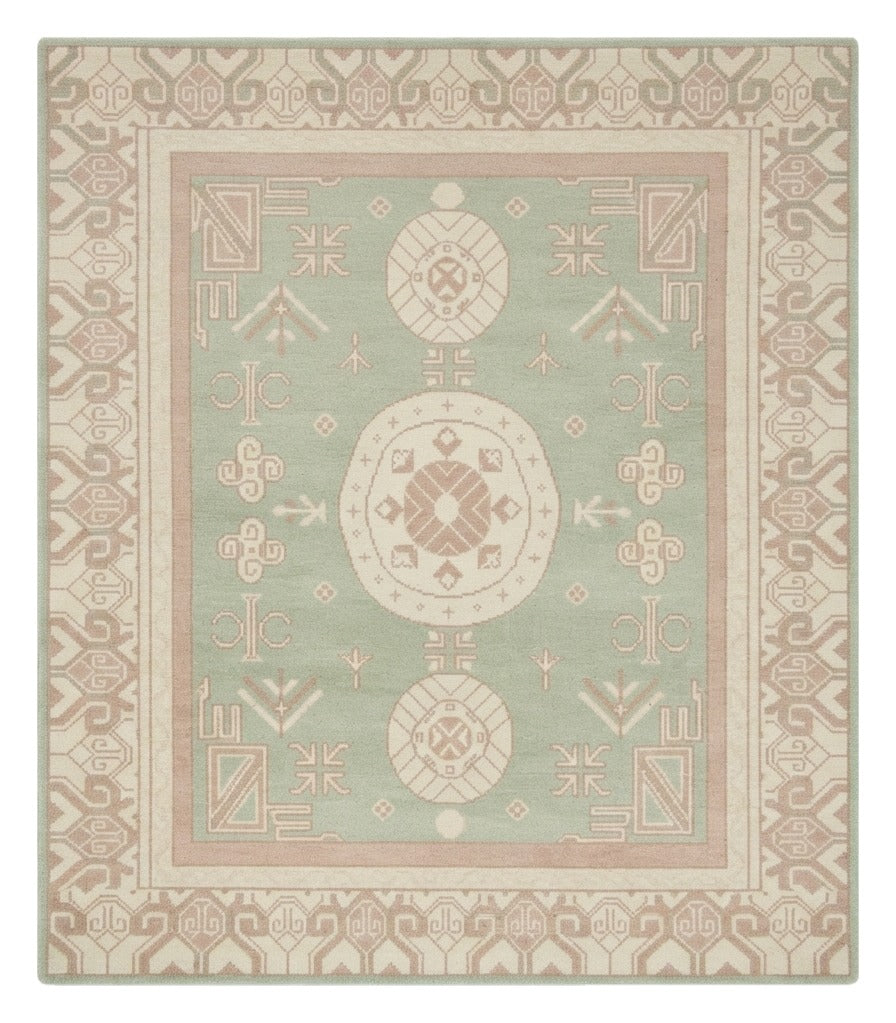 Mint Blush Khotan Hand Knotted Rug — mint, pink, cream traditional rug by Maia Homes on a white background