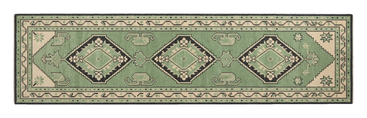 Mint Trio Diamond Hand Knotted Runner Rug shown flat on a white background