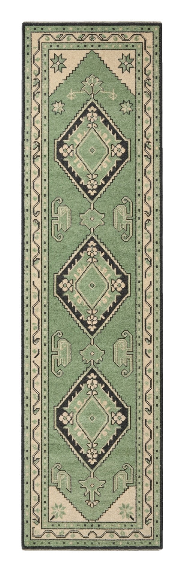 Mint Trio Diamond Hand Knotted Runner Rug — mint, green, black tribal rug by Maia Homes on a white background