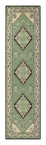 Mint Trio Diamond Hand Knotted Runner Rug — mint, green, black tribal rug by Maia Homes on a white background