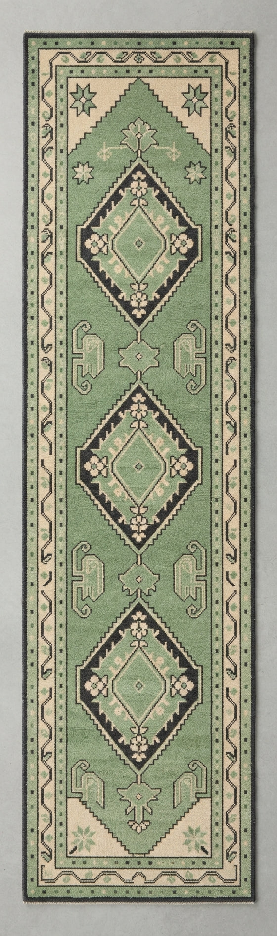 Mint Trio Diamond Hand Knotted Runner Rug — mint, green, black tribal rug by Maia Homes
