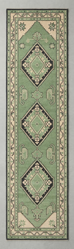 Mint Trio Diamond Hand Knotted Runner Rug — mint, green, black tribal rug by Maia Homes