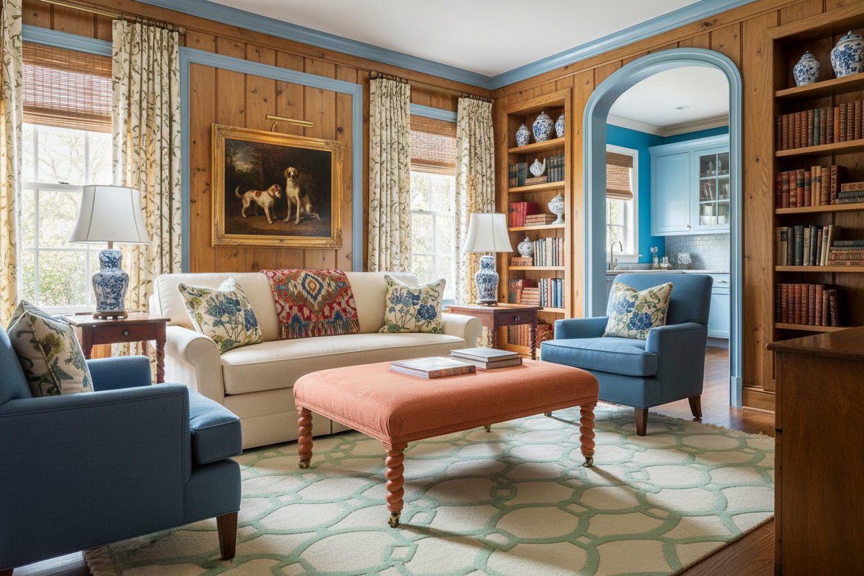 Living room with blue chairs, beige sofa, green rug, and a colorful ottoman.
