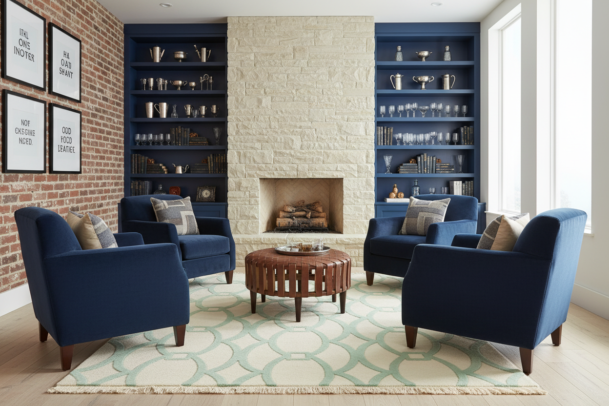 Modern living room with blue armchairs, green and beige rug, a fireplace, and bookshelves.