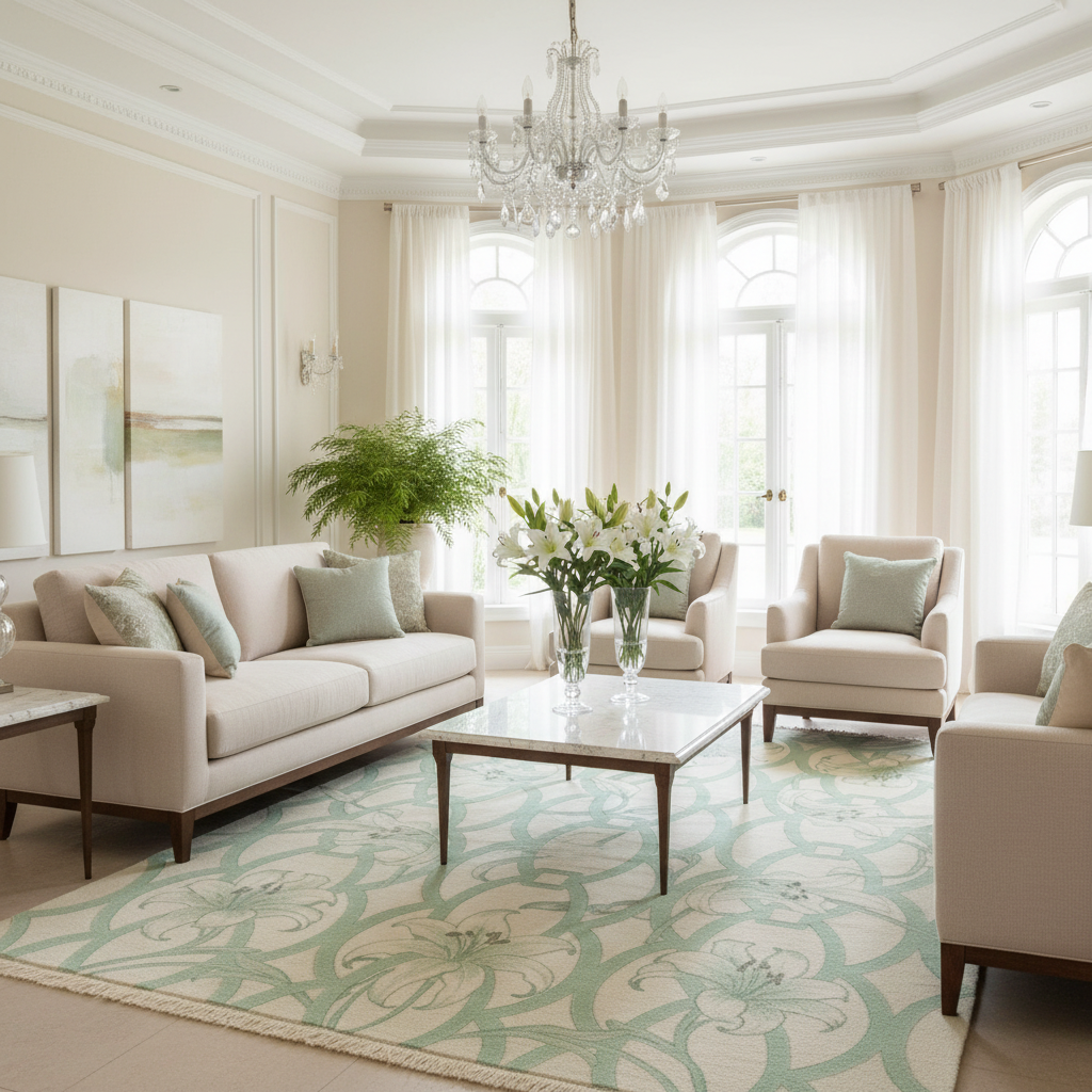 Luxurious living room with white furniture, knotted rug, a chandelier, and large windows.