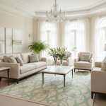 Luxurious living room with white furniture, knotted rug, a chandelier, and large windows.