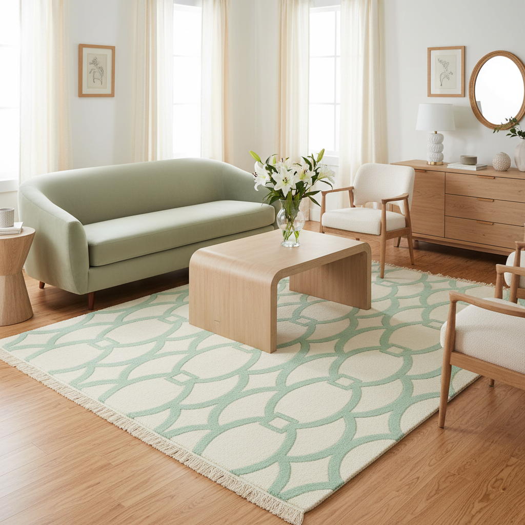 Modern living room with a green sofa, wooden coffee table, and patterned green knotted rug.