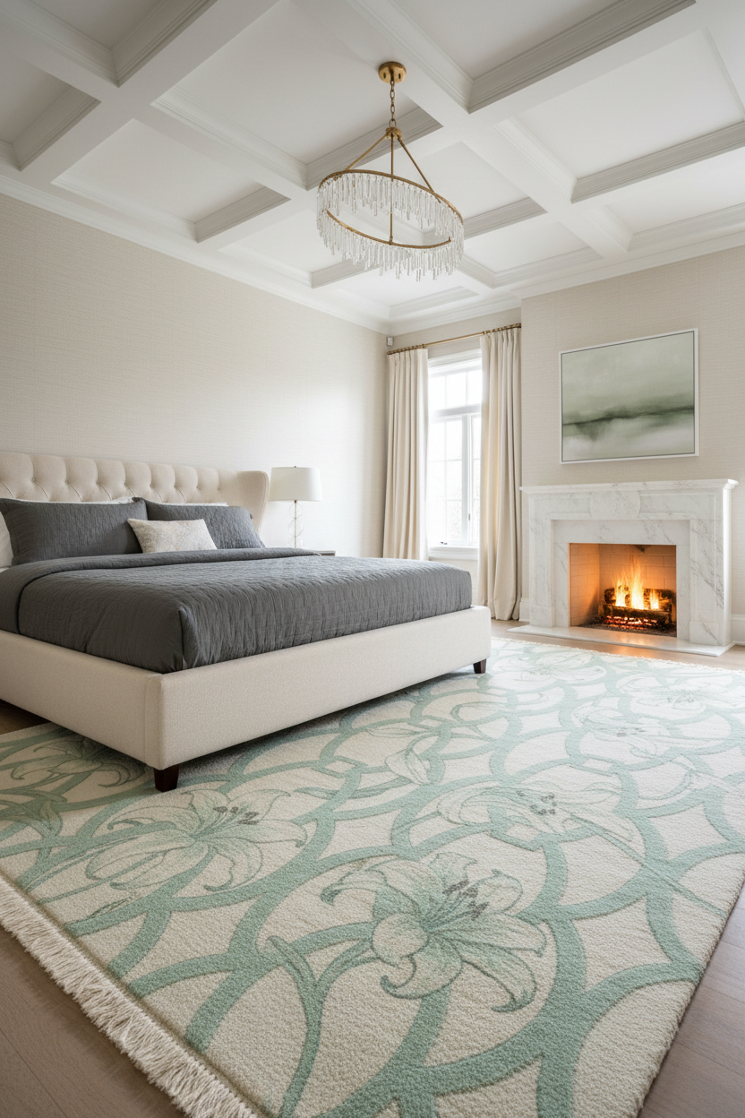 Modern bedroom with a bed, rug, and fireplace.