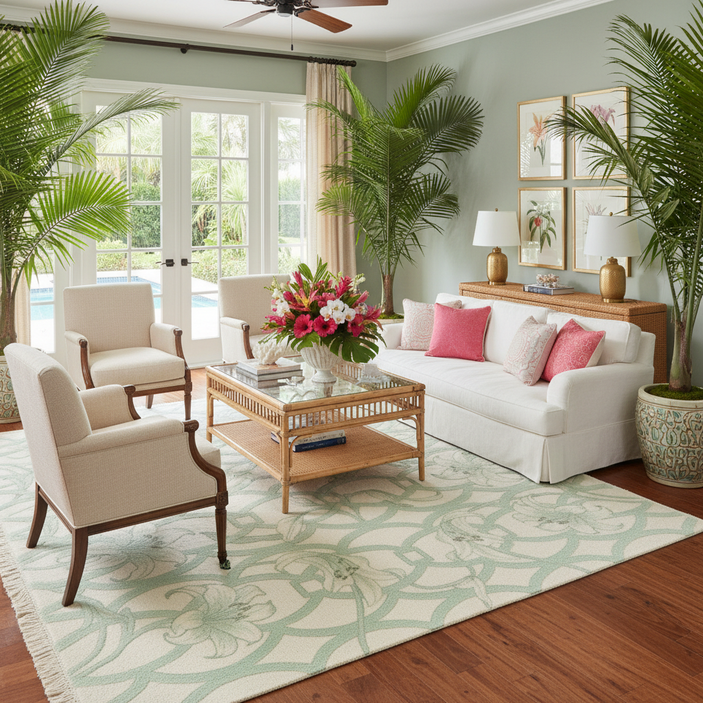 Living room with white sofa, chairs, and a coffee table with decorative green knotted wool rug.