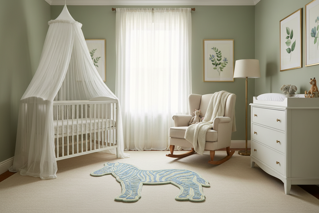 Nursery room with crib, rocking chair, zebra rug, and dresser.