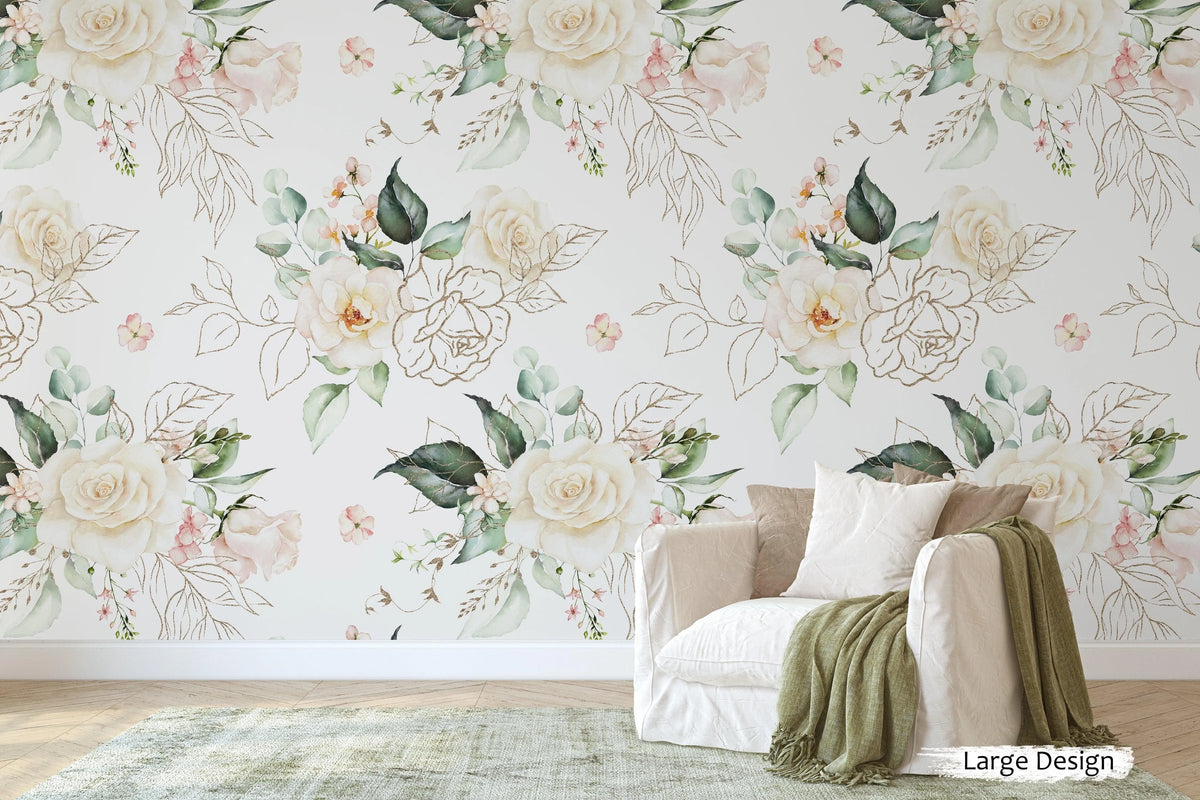 Blush Roses Green Leaves Watercolor Floral Botanical Wallpaper