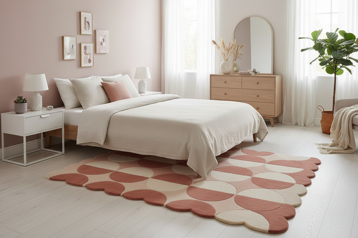 Modern bedroom with a geometric-patterned rug, bed, and dresser.