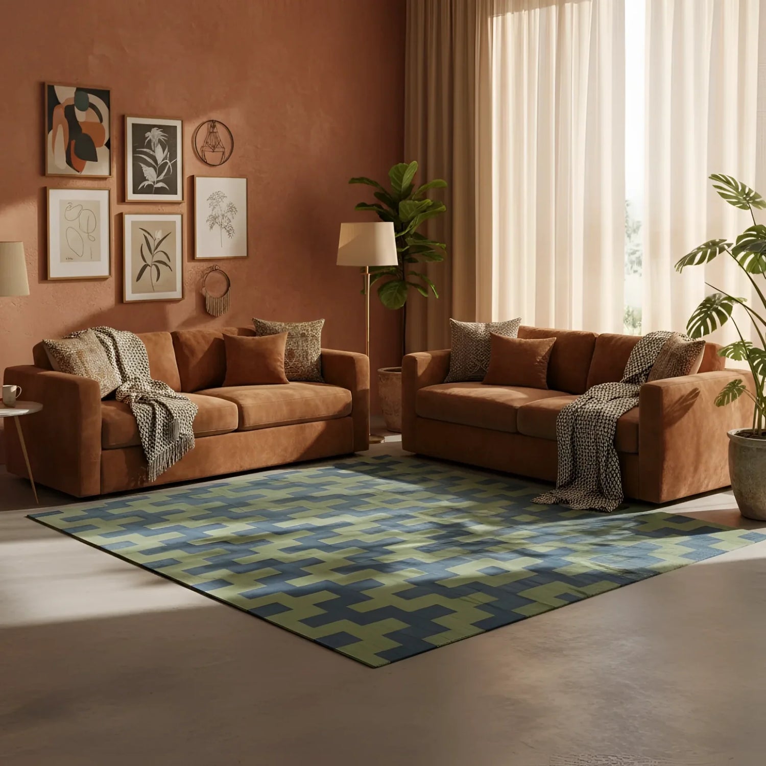 Modern Organic Vegetable Dyed Indian Dhurrie Reversible Cotton Rug - Green