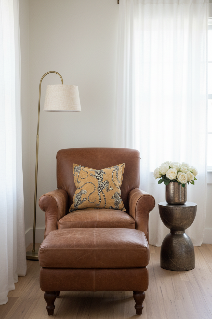 An olive green velvet sofa in a modern room setting with a decorative yellow and blue patterned throw pillow, a small wooden side table with a dark vase of branches, and dramatic diagonal sunlight casting shadows on the wall.