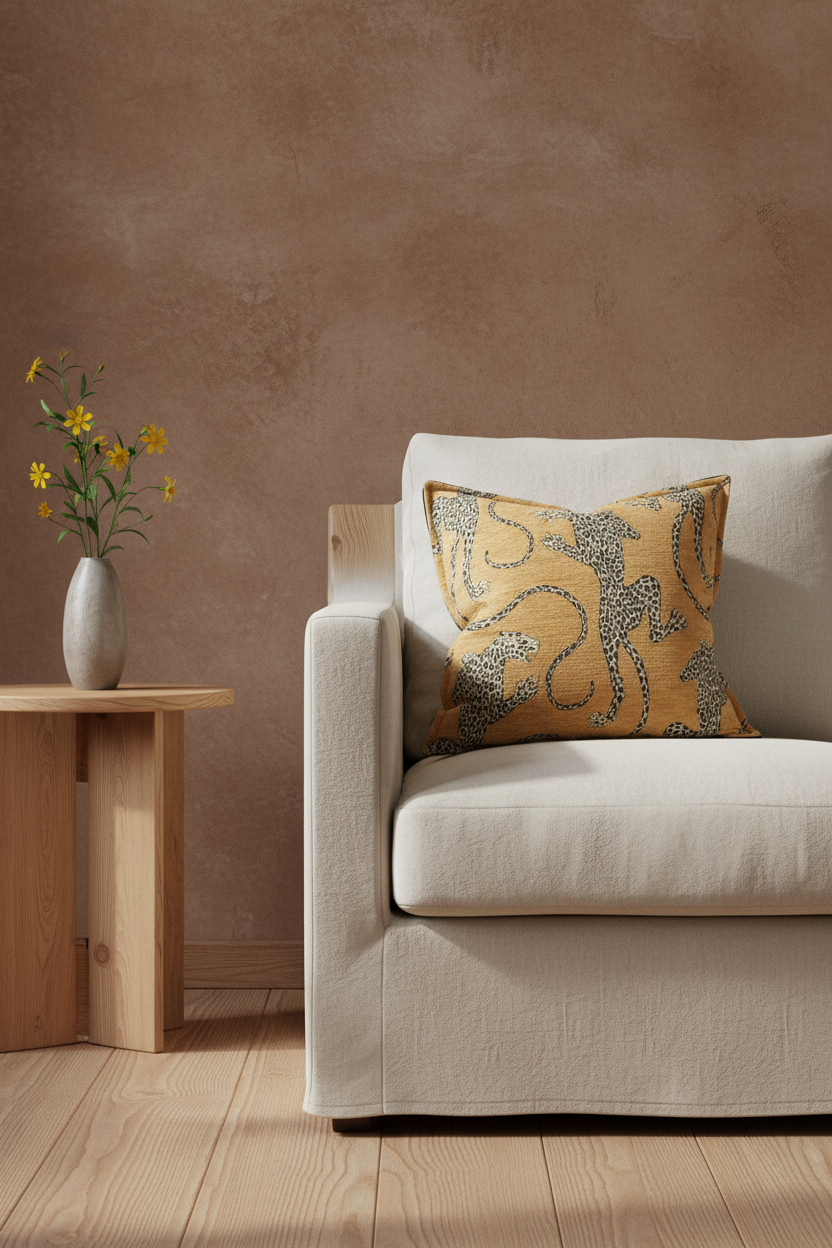An olive green velvet sofa in a modern room setting with a decorative yellow and blue patterned throw pillow, a small wooden side table with a dark vase of branches, and dramatic diagonal sunlight casting shadows on the wall.