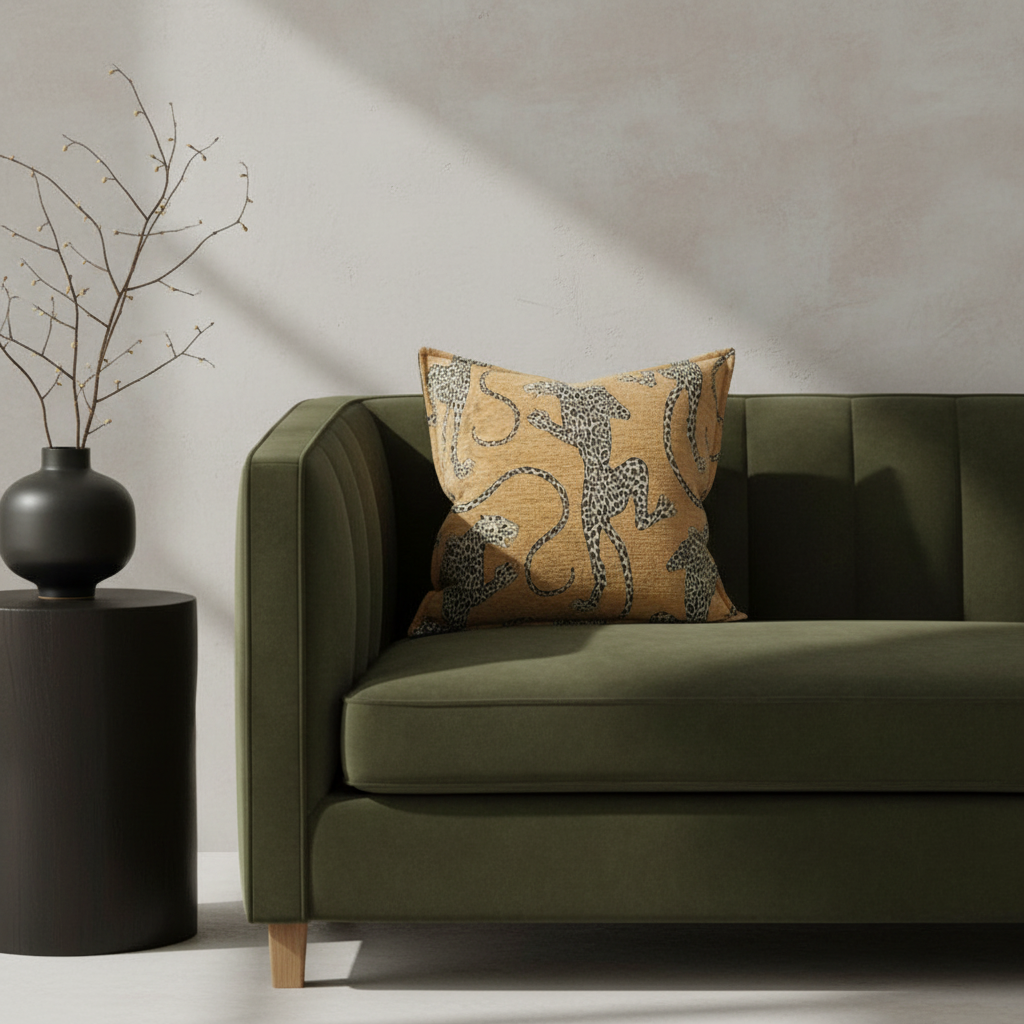 An olive green velvet sofa in a modern room setting with a decorative yellow and blue patterned throw pillow, a small wooden side table with a dark vase of branches, and dramatic diagonal sunlight casting shadows on the wall.