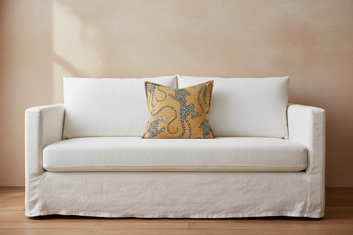 An olive green velvet sofa in a modern room setting with a decorative yellow and blue patterned throw pillow, a small wooden side table with a dark vase of branches, and dramatic diagonal sunlight casting shadows on the wall.