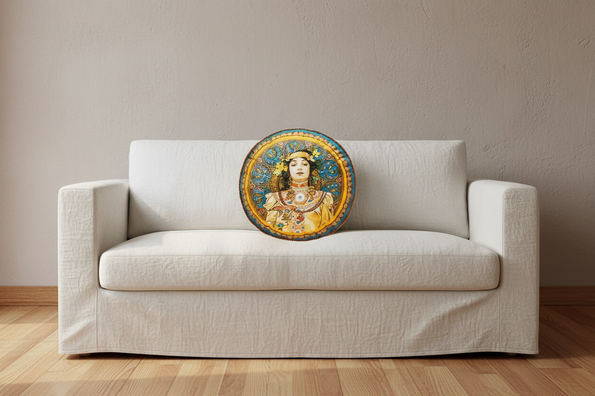 A round decorative throw pillow featuring an Art Nouveau style illustration of a woman with ornate jewelry, resting on a white slipcovered sofa in a minimalist room setting.