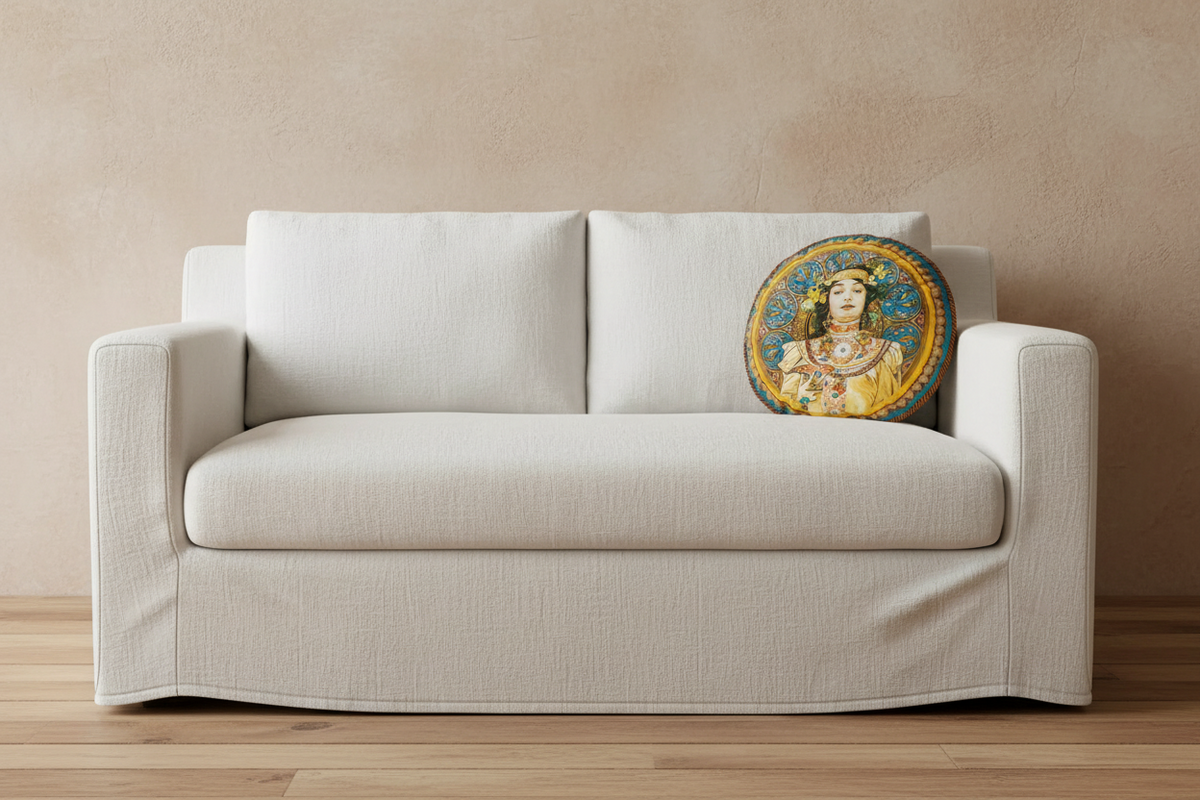 A round decorative throw pillow featuring an Art Nouveau style illustration of a woman with ornate jewelry, resting on a white slipcovered sofa in a minimalist room setting.