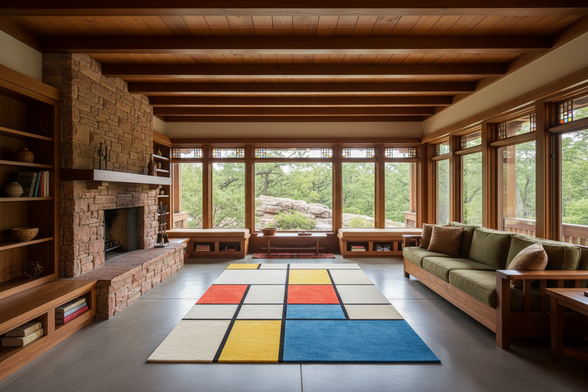 Modern living room with a colorful geometric rug, wooden furniture, and large windows.