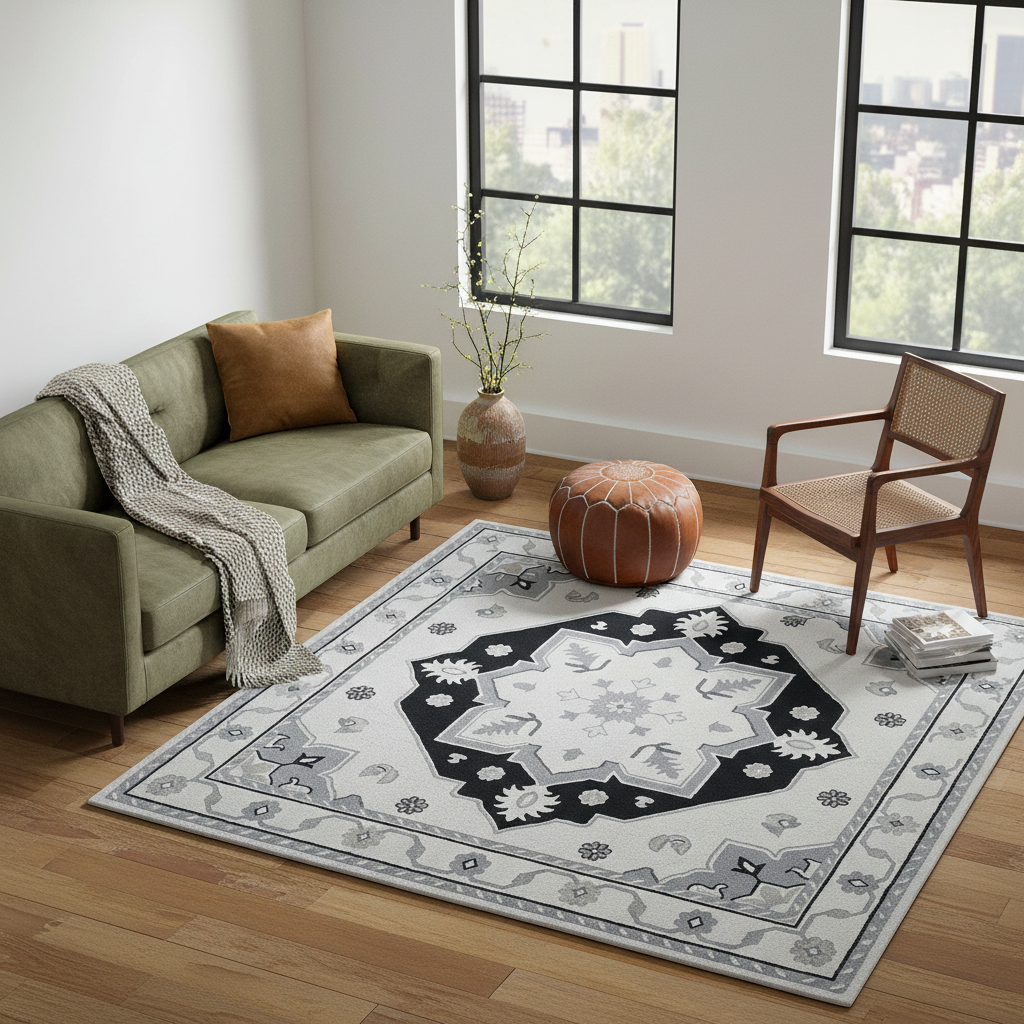 Monochrome Medallion Square Hand Tufted Rug