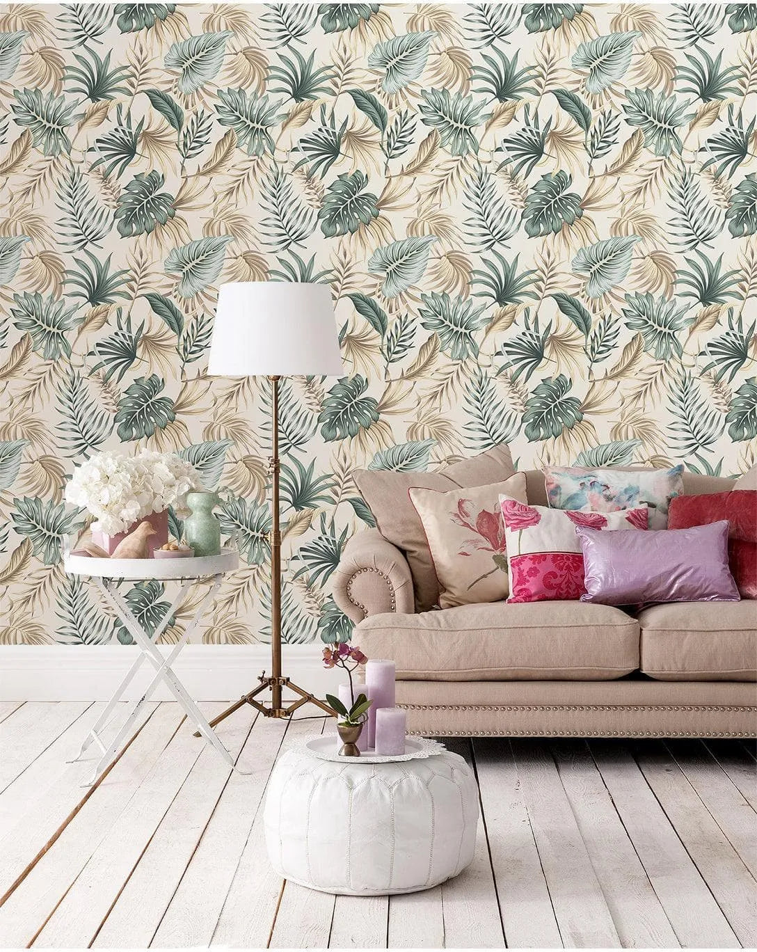 Green Palm Leaves Tropical Boho Watercolor Wallpaper