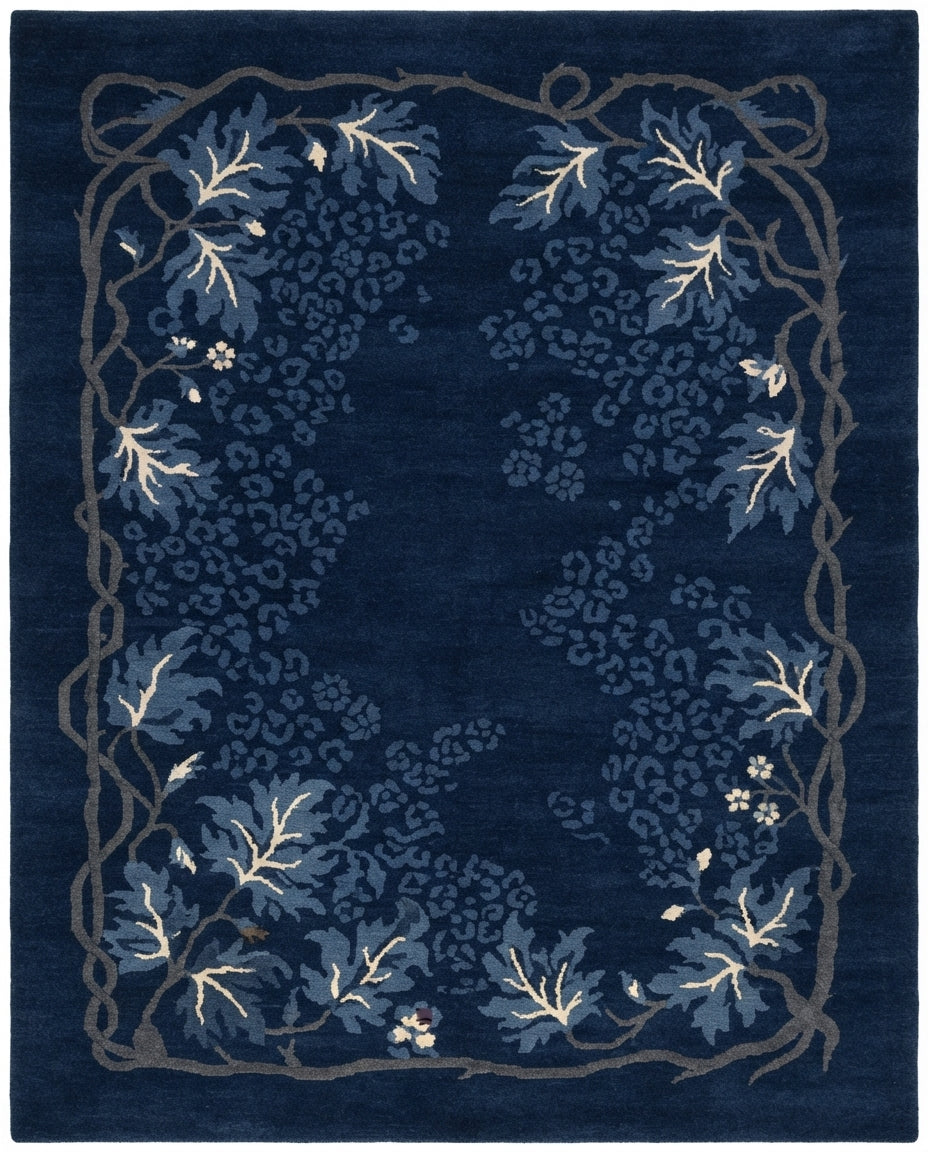 Moonlit Indigo Vine Hand Knotted Rug — navy, blue, white floral rug by Maia Homes
