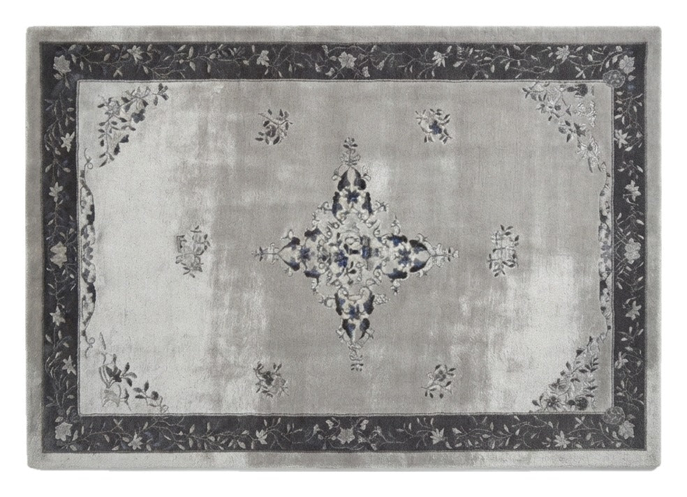 Moonlit Silver Medallion Hand Tufted Viscose Rug shown flat on a white background
