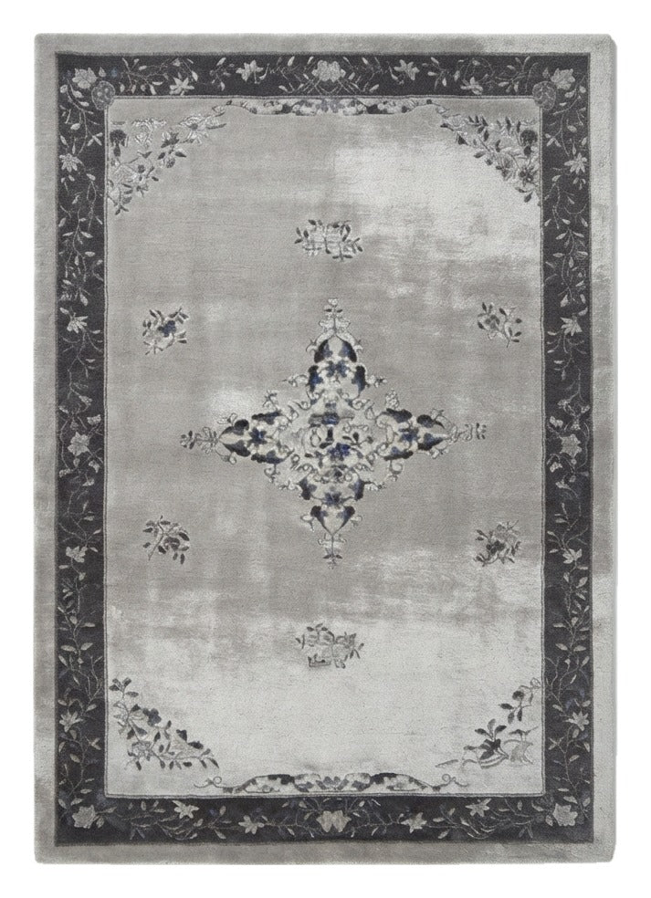 Moonlit Silver Medallion Hand Tufted Viscose Rug — gray, silver, charcoal distressed rug by Maia Homes on a white background
