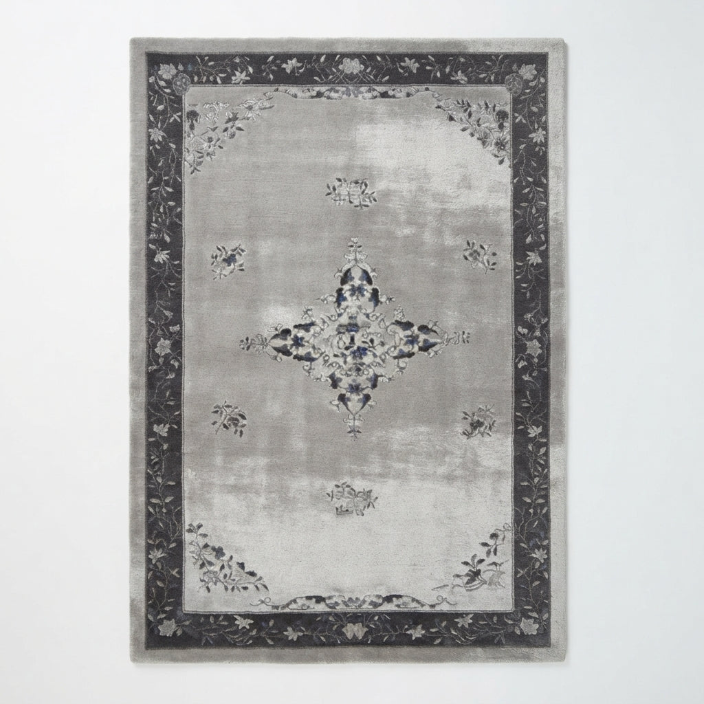 Moonlit Silver Medallion Hand Tufted Viscose Rug — gray, silver, charcoal distressed rug by Maia Homes