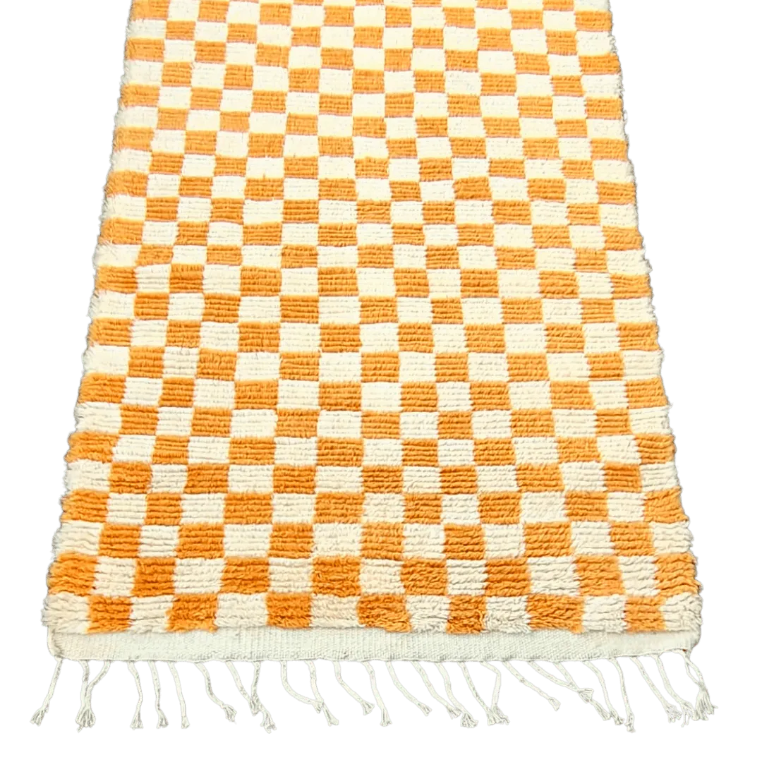 Moroccan Berber Handwoven Checker Wool Area Rug - Orange and White