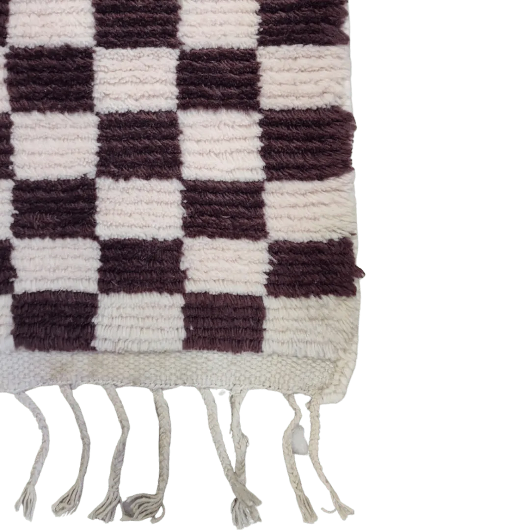 Moroccan Berber Handwoven Checker Wool Area Rug with Tassels - Dark Brown and White