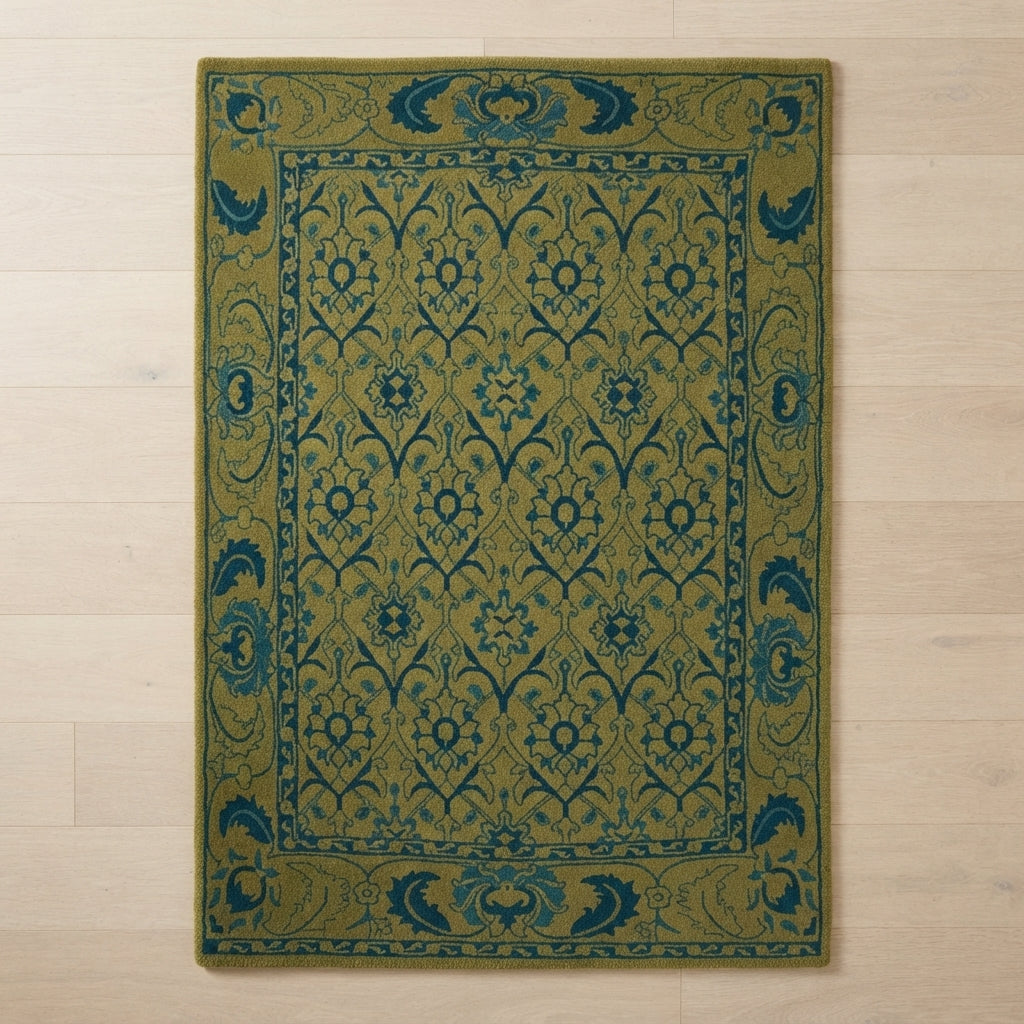 Moss Arabesque Tapestry Hand Tufted Rug — olive, moss green, teal traditional rug by Maia Homes